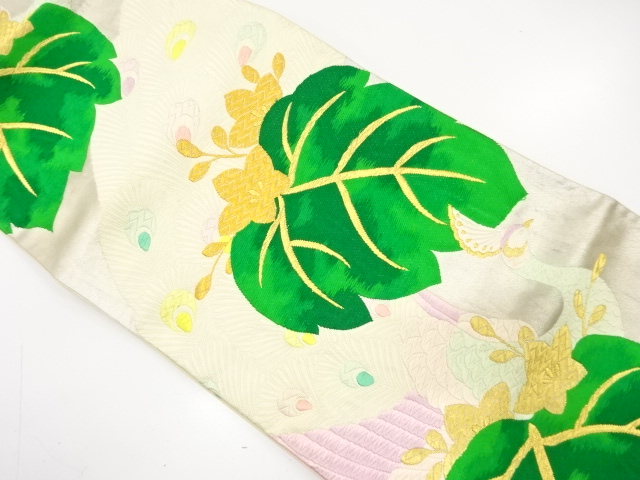 アンティーク　孔雀に桐模様織り出し袋帯（着用可）